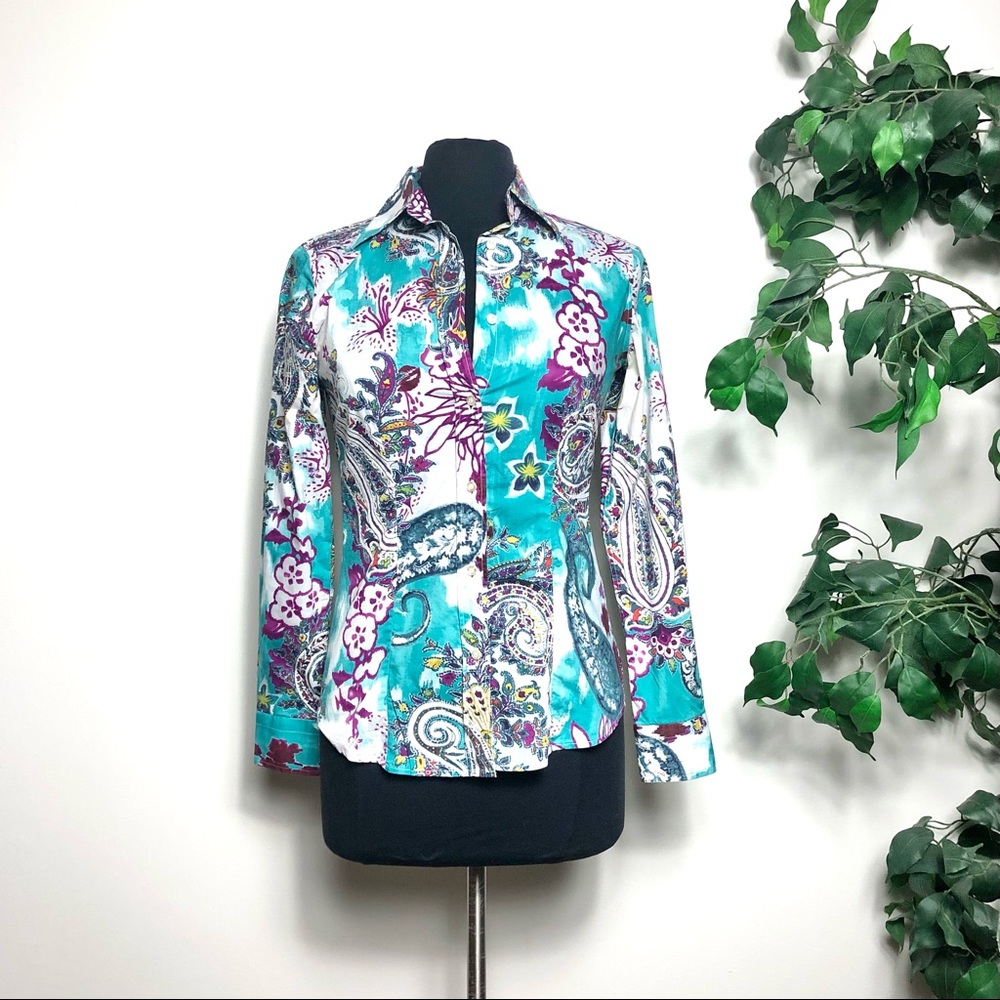 Etro Blue White Floral Paisley Cotton Blouse Button Up Top Woman’s 40 Size Small
